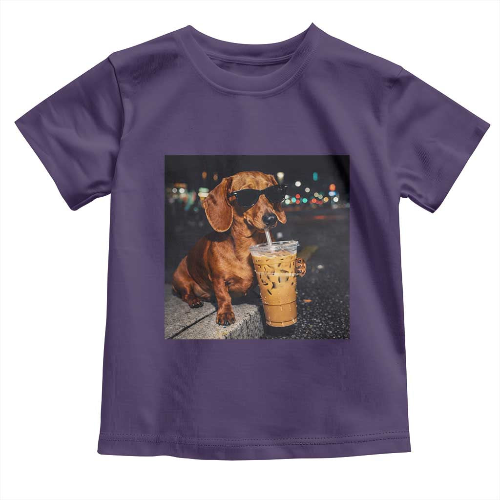 Cool Dachshund Drinking Iced Coffee Graphic Toddler T Shirt Funny Wiener Dog Night Vibes Aesthetic