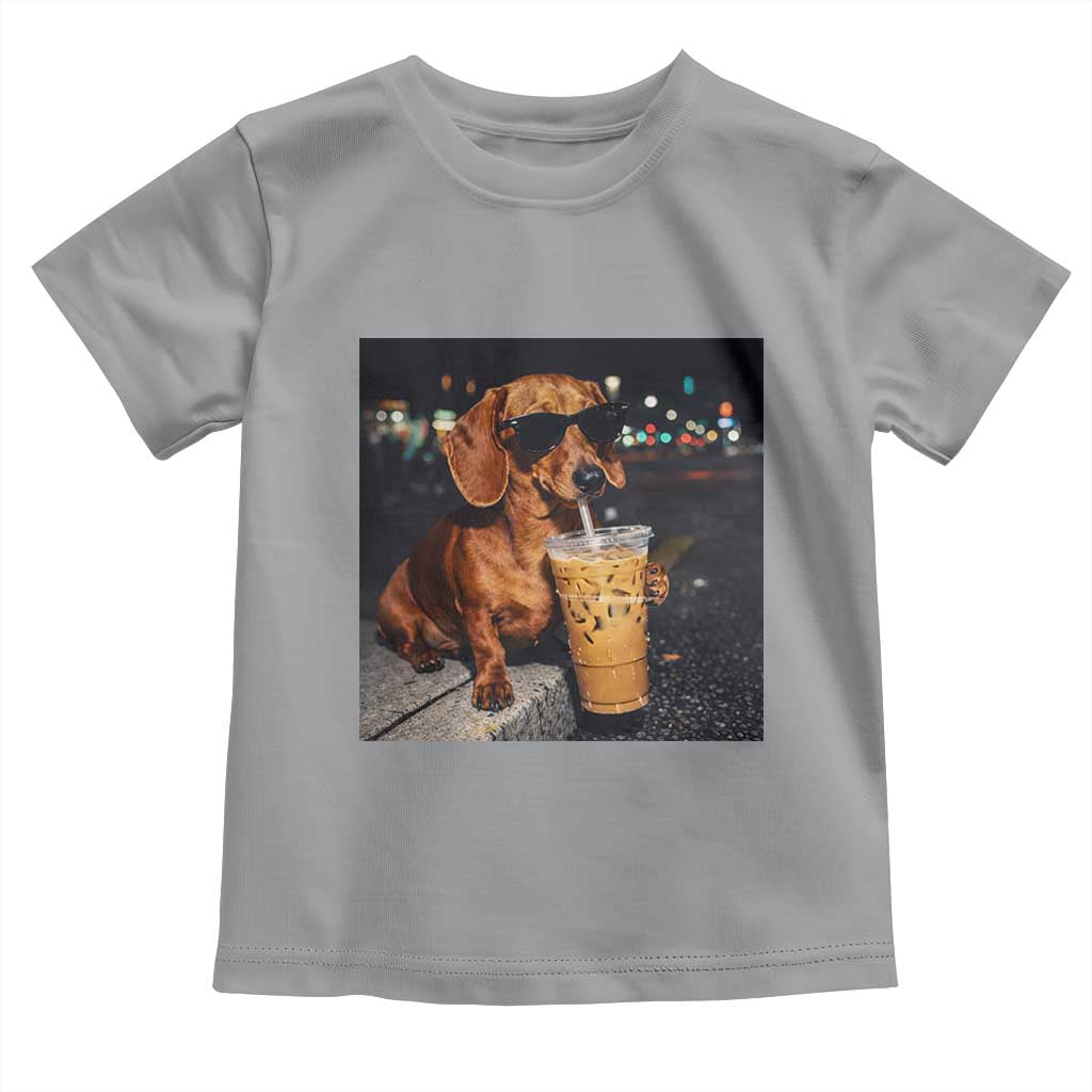 Cool Dachshund Drinking Iced Coffee Graphic Toddler T Shirt Funny Wiener Dog Night Vibes Aesthetic