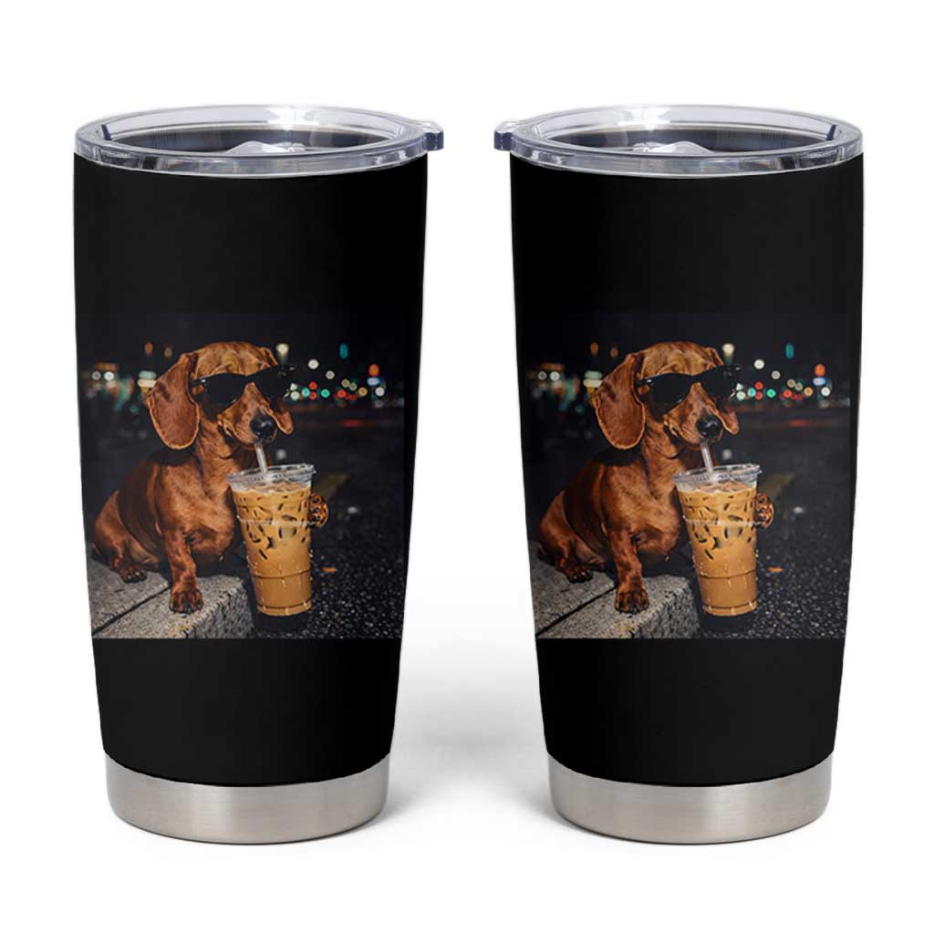 Cool Dachshund Drinking Iced Coffee Graphic Tumbler Cup Funny Wiener Dog Night Vibes Aesthetic