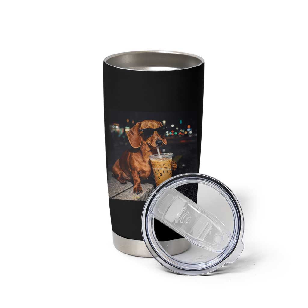 Cool Dachshund Drinking Iced Coffee Graphic Tumbler Cup Funny Wiener Dog Night Vibes Aesthetic