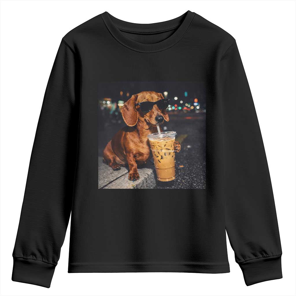 Cool Dachshund Drinking Iced Coffee Graphic Youth Sweatshirt Funny Wiener Dog Night Vibes Aesthetic