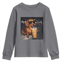 Cool Dachshund Drinking Iced Coffee Graphic Youth Sweatshirt Funny Wiener Dog Night Vibes Aesthetic