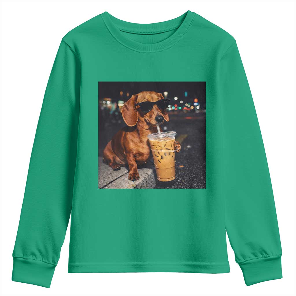 Cool Dachshund Drinking Iced Coffee Graphic Youth Sweatshirt Funny Wiener Dog Night Vibes Aesthetic