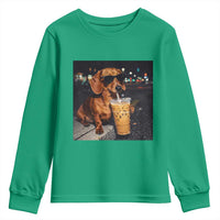 Cool Dachshund Drinking Iced Coffee Graphic Youth Sweatshirt Funny Wiener Dog Night Vibes Aesthetic