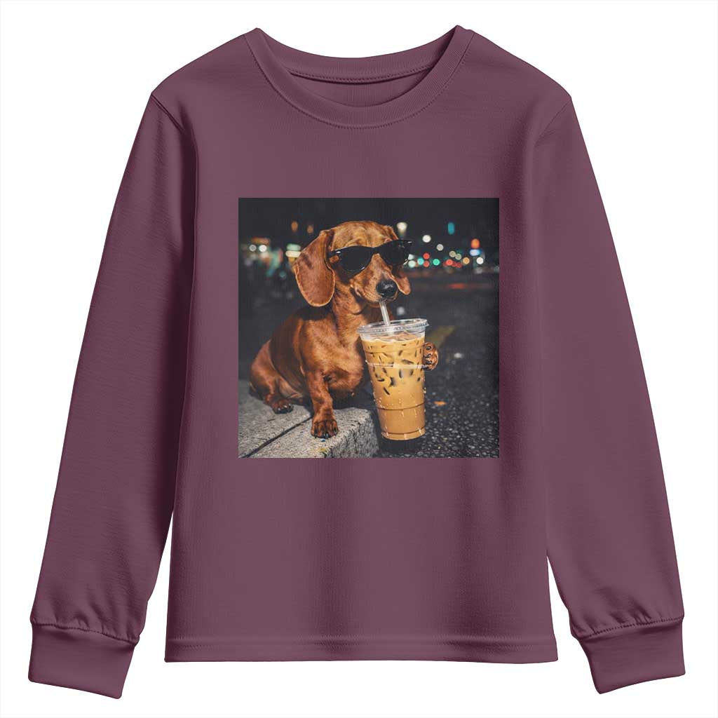 Cool Dachshund Drinking Iced Coffee Graphic Youth Sweatshirt Funny Wiener Dog Night Vibes Aesthetic