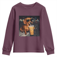 Cool Dachshund Drinking Iced Coffee Graphic Youth Sweatshirt Funny Wiener Dog Night Vibes Aesthetic