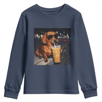 Cool Dachshund Drinking Iced Coffee Graphic Youth Sweatshirt Funny Wiener Dog Night Vibes Aesthetic