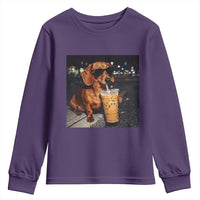 Cool Dachshund Drinking Iced Coffee Graphic Youth Sweatshirt Funny Wiener Dog Night Vibes Aesthetic