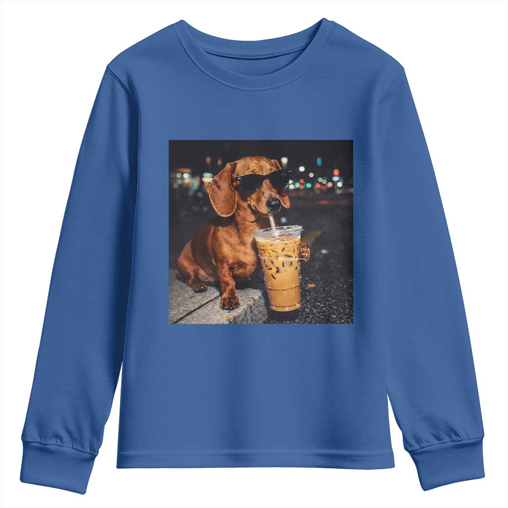 Cool Dachshund Drinking Iced Coffee Graphic Youth Sweatshirt Funny Wiener Dog Night Vibes Aesthetic