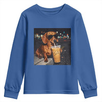 Cool Dachshund Drinking Iced Coffee Graphic Youth Sweatshirt Funny Wiener Dog Night Vibes Aesthetic