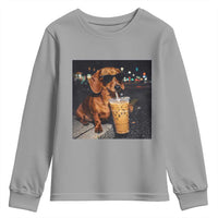 Cool Dachshund Drinking Iced Coffee Graphic Youth Sweatshirt Funny Wiener Dog Night Vibes Aesthetic