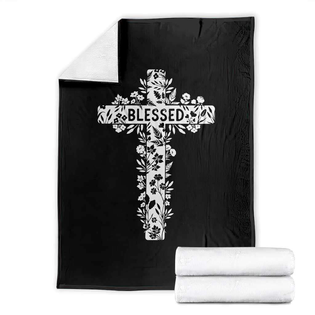 Blessed Floral Cross Christian Graphic Throw Blanket Faith Inspired Minimalist Scripture