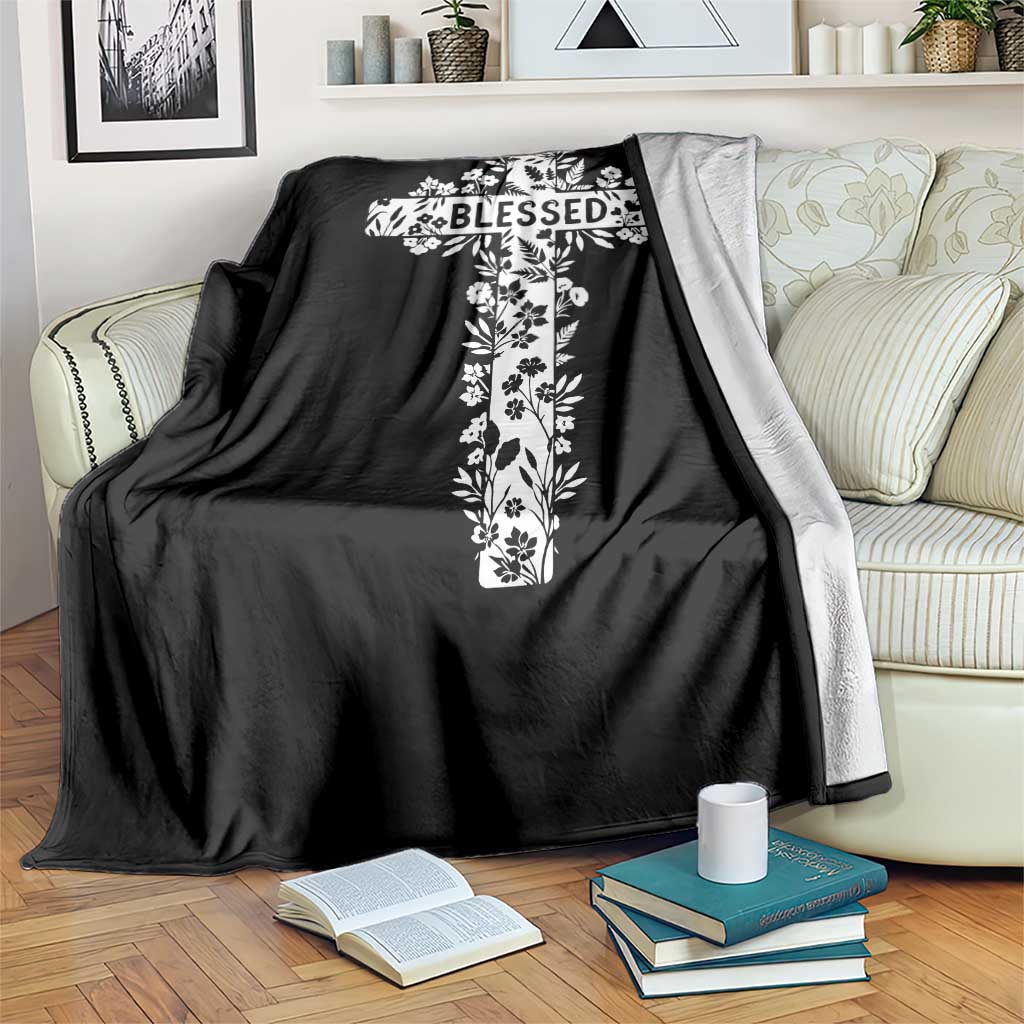 Blessed Floral Cross Christian Graphic Throw Blanket Faith Inspired Minimalist Scripture