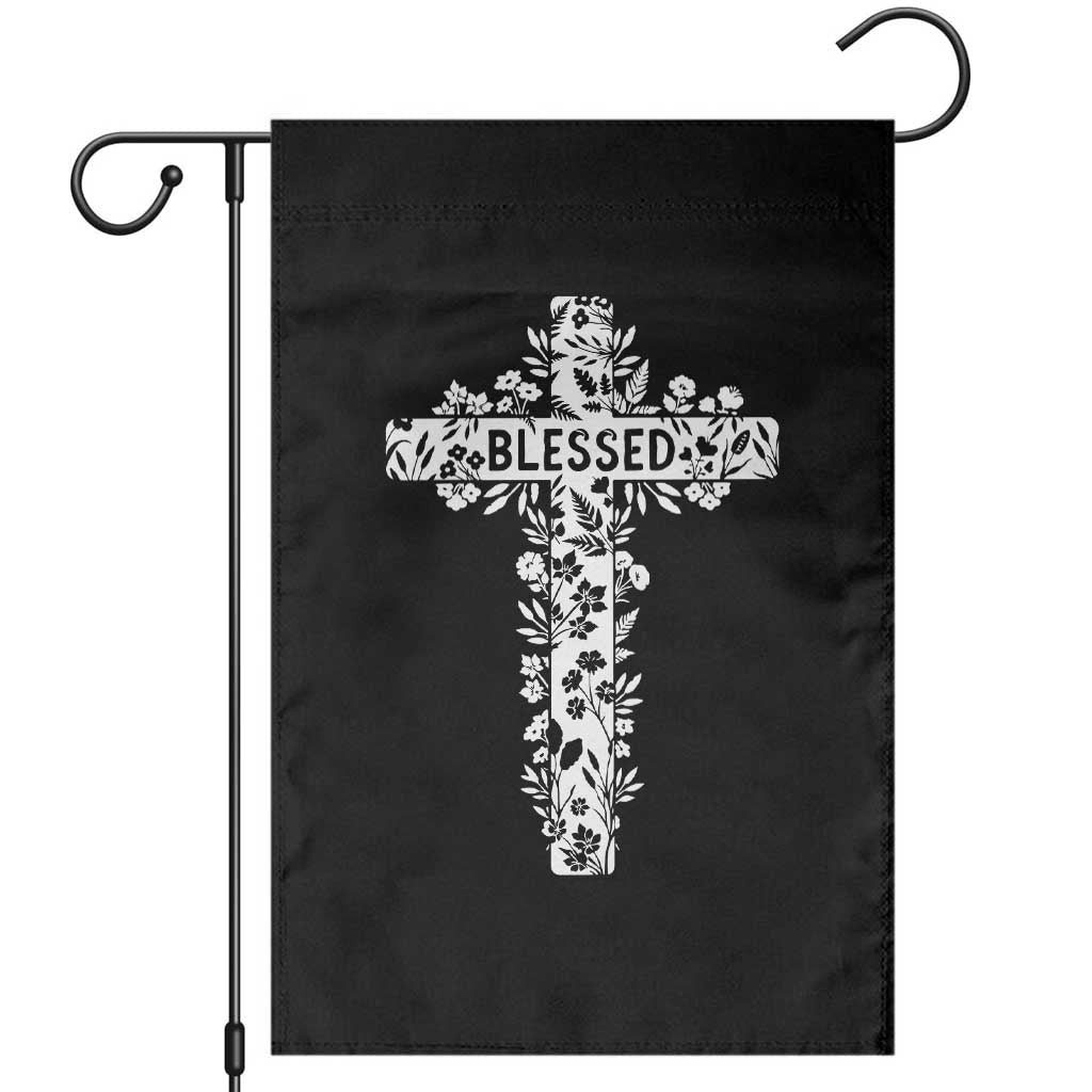 Blessed Floral Cross Christian Graphic Garden Flag Faith Inspired Minimalist Scripture