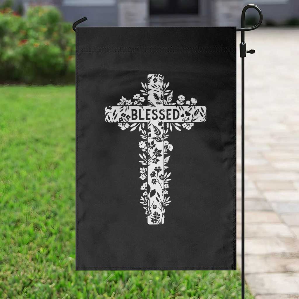 Blessed Floral Cross Christian Graphic Garden Flag Faith Inspired Minimalist Scripture