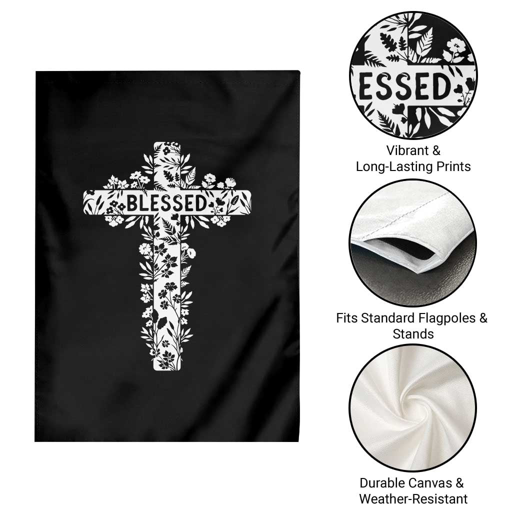 Blessed Floral Cross Christian Graphic Garden Flag Faith Inspired Minimalist Scripture