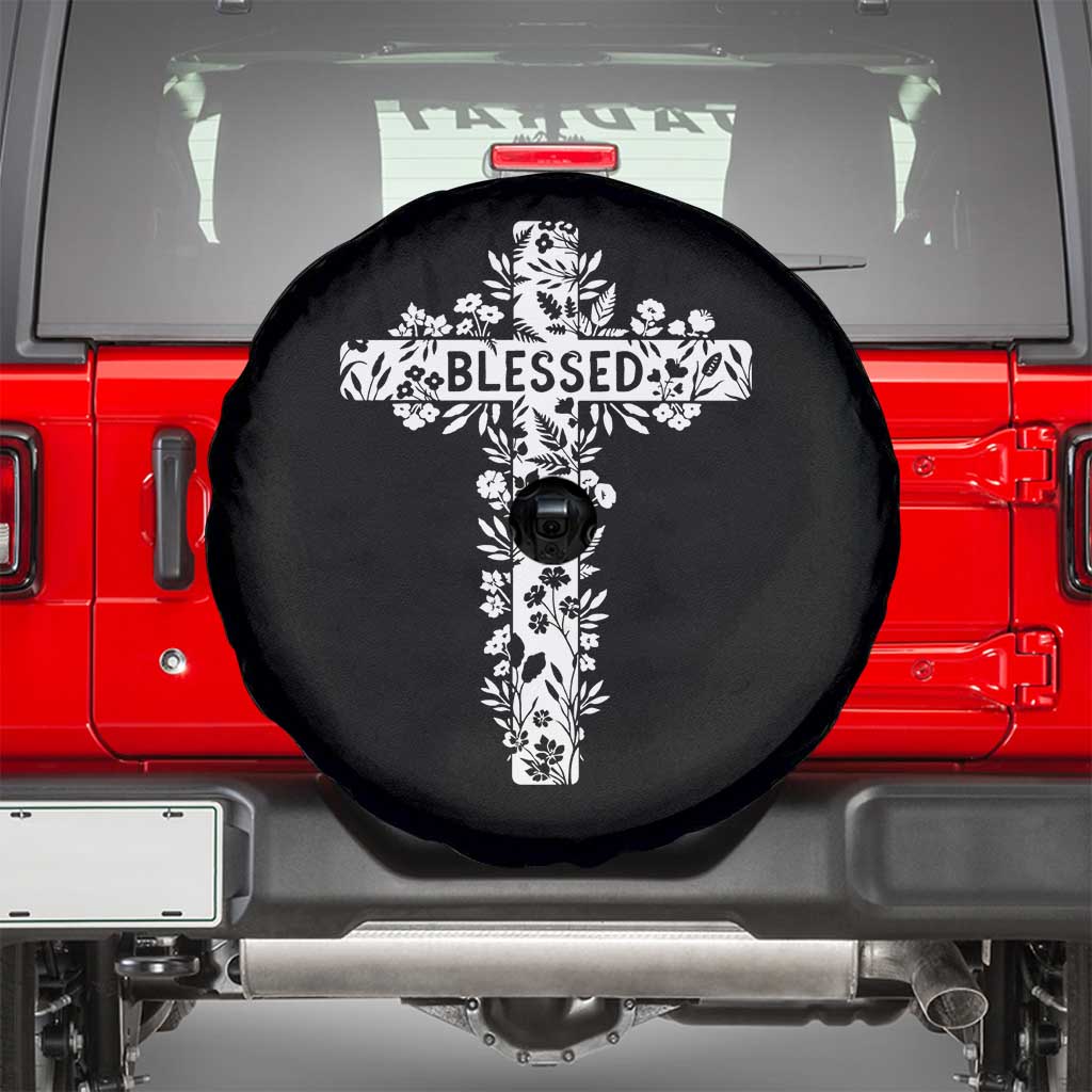 Blessed Floral Cross Christian Graphic Spare Tire Cover Faith Inspired Minimalist Scripture