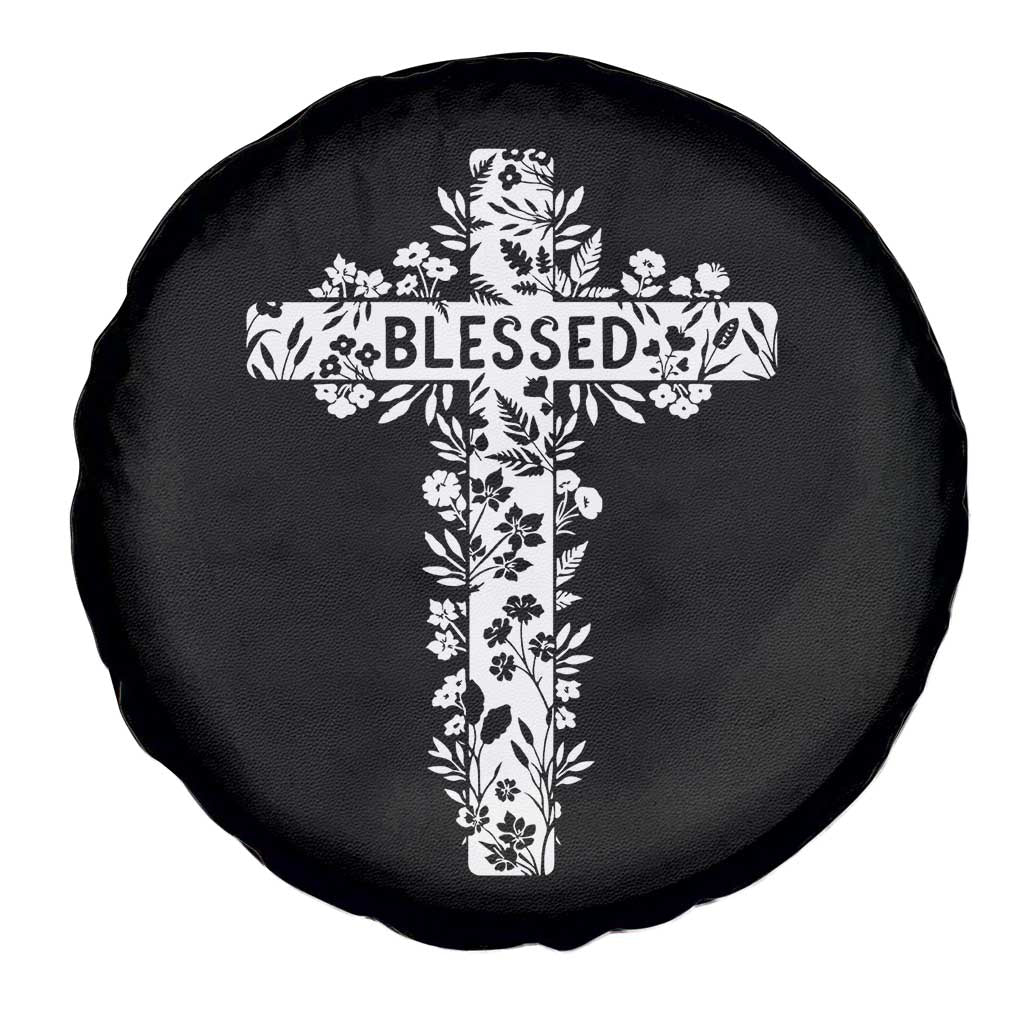 Blessed Floral Cross Christian Graphic Spare Tire Cover Faith Inspired Minimalist Scripture