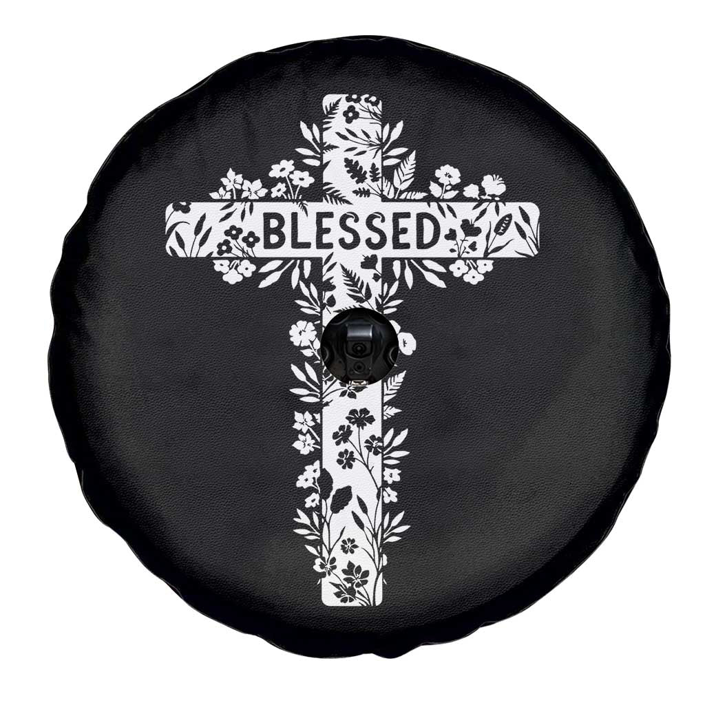 Blessed Floral Cross Christian Graphic Spare Tire Cover Faith Inspired Minimalist Scripture