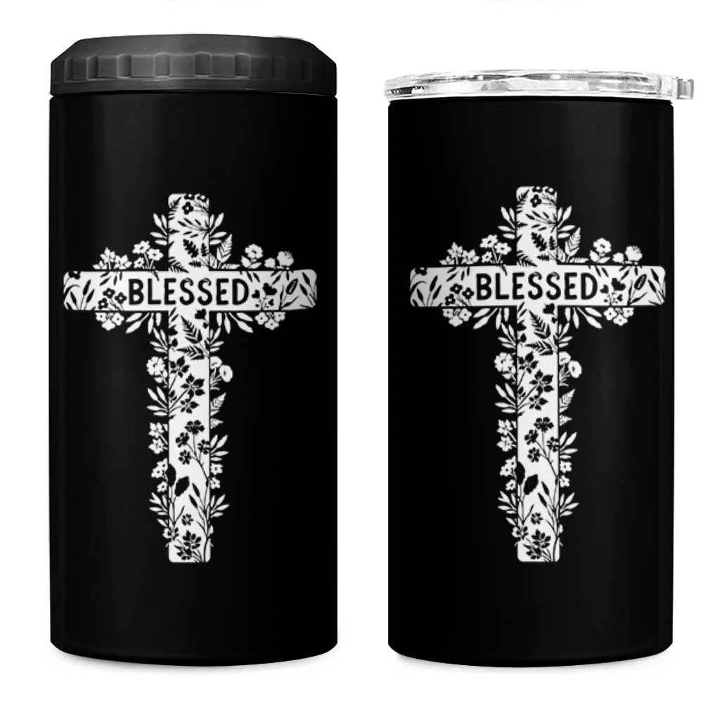 Blessed Floral Cross Christian Graphic 4 in 1 Can Cooler Tumbler Faith Inspired Minimalist Scripture