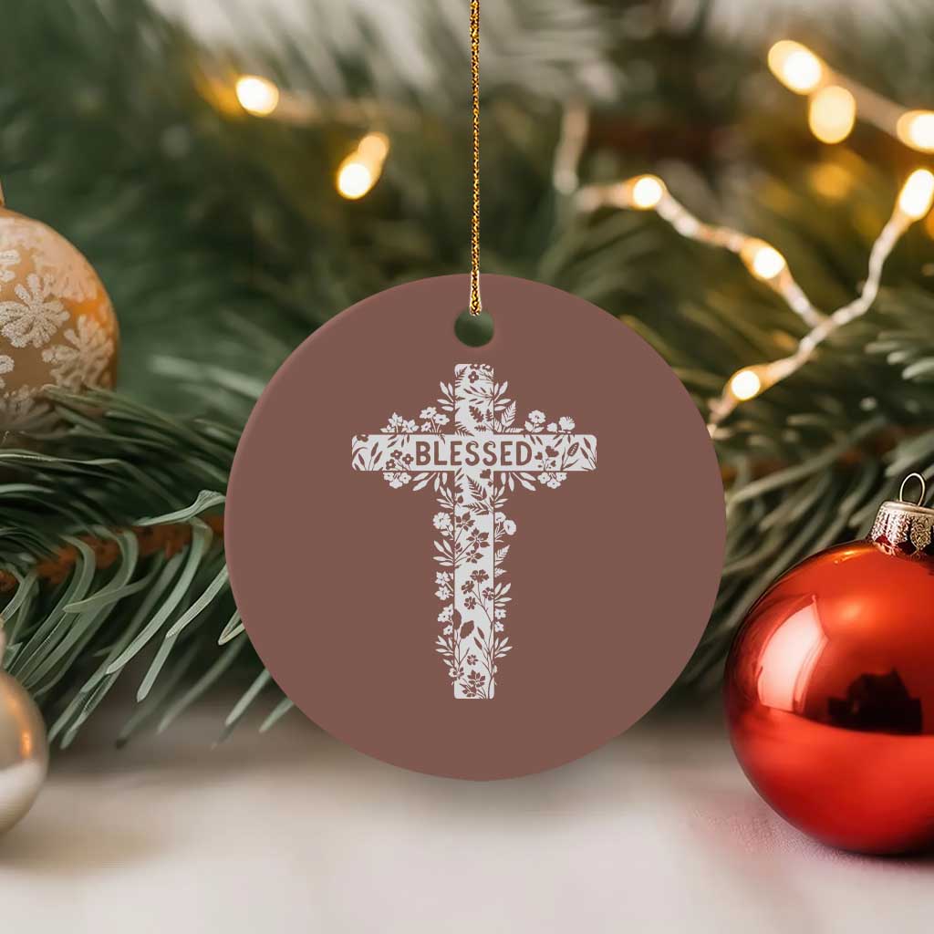 Blessed Floral Cross Christian Graphic Ceramic Ornament Faith Inspired Minimalist Scripture