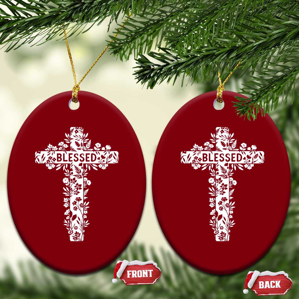 Blessed Floral Cross Christian Graphic Ceramic Ornament Faith Inspired Minimalist Scripture