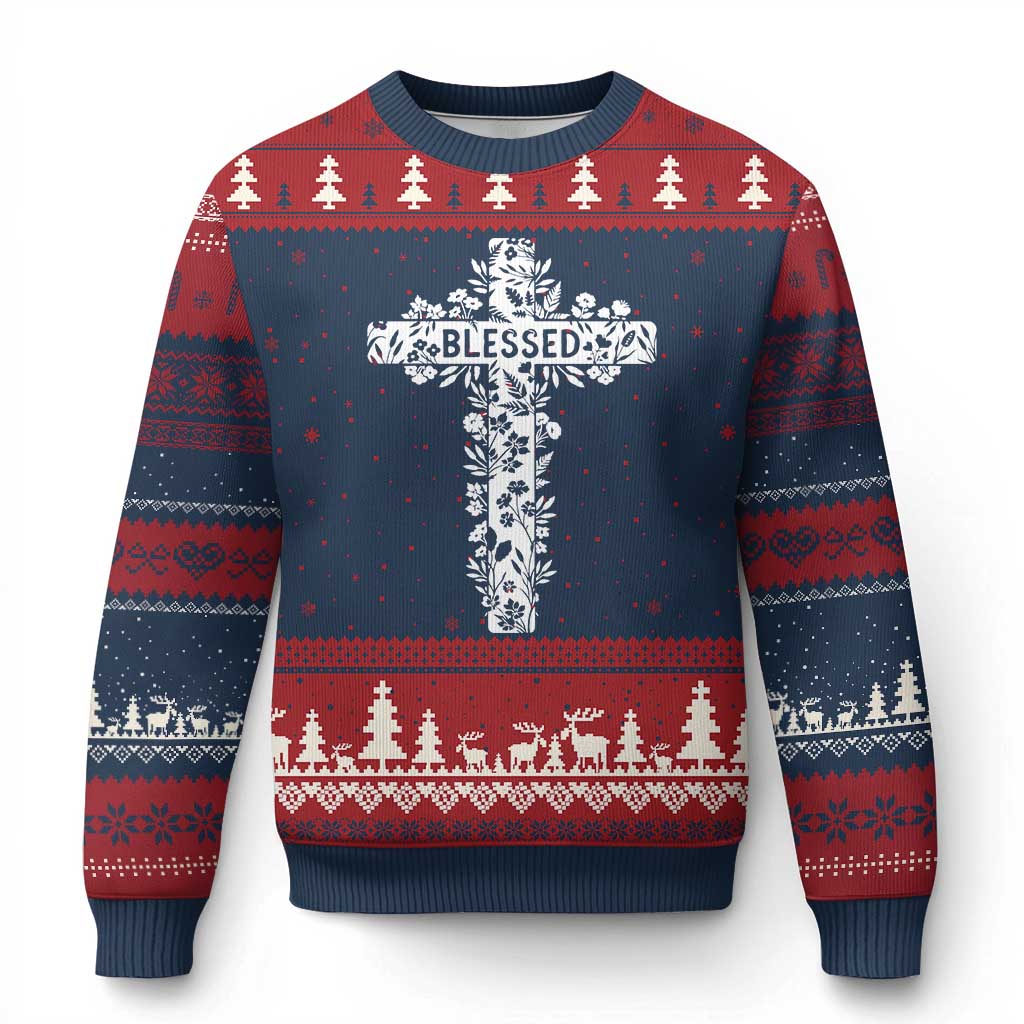 Blessed Floral Cross Christian Graphic Ugly Christmas Sweater Faith Inspired Minimalist Scripture