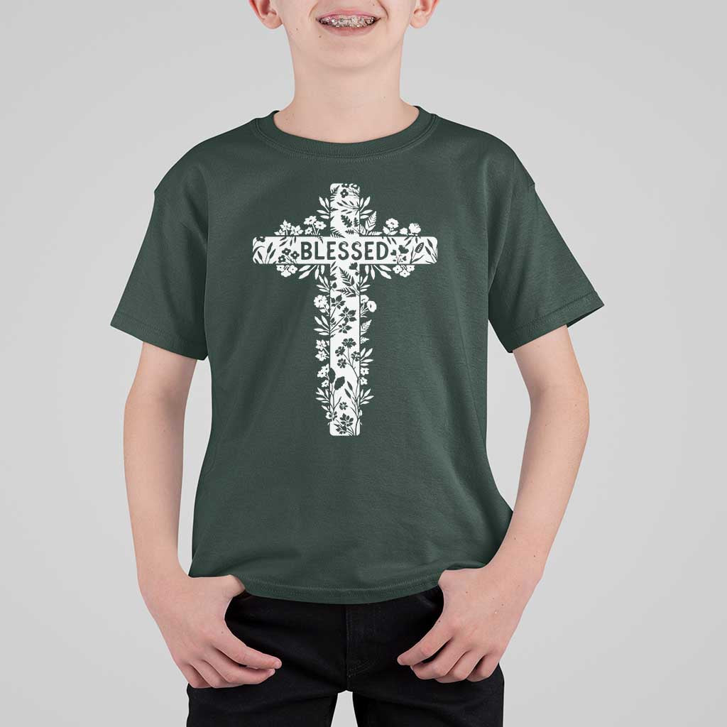 Blessed Floral Cross Christian Graphic T Shirt For Kid Faith Inspired Minimalist Scripture