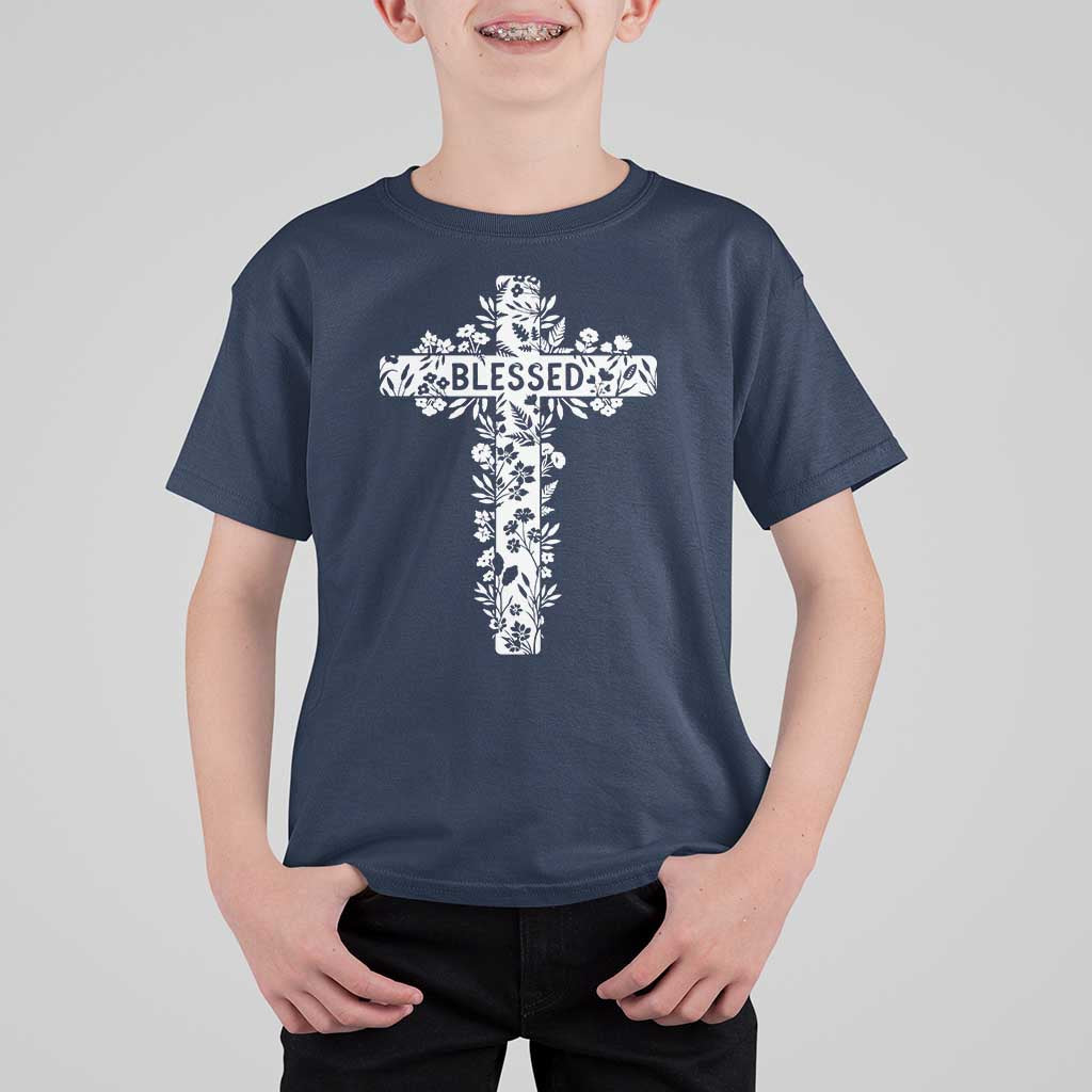 Blessed Floral Cross Christian Graphic T Shirt For Kid Faith Inspired Minimalist Scripture