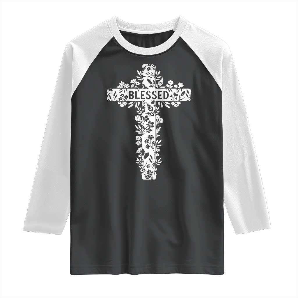 Blessed Floral Cross Christian Graphic Raglan Shirt Faith Inspired Minimalist Scripture