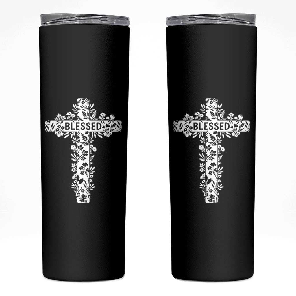 Blessed Floral Cross Christian Graphic Skinny Tumbler Faith Inspired Minimalist Scripture
