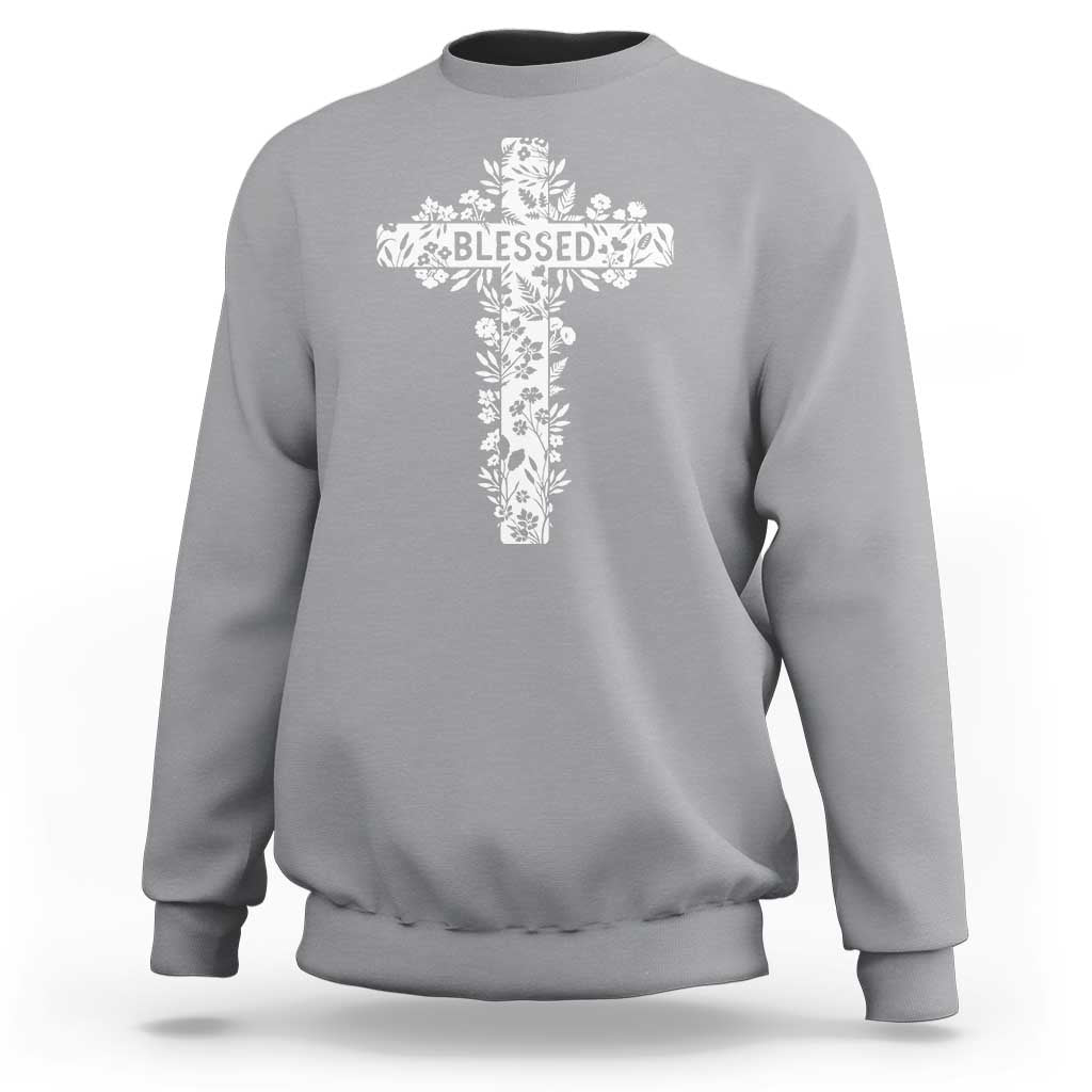 Blessed Floral Cross Christian Graphic Sweatshirt Faith Inspired Minimalist Scripture