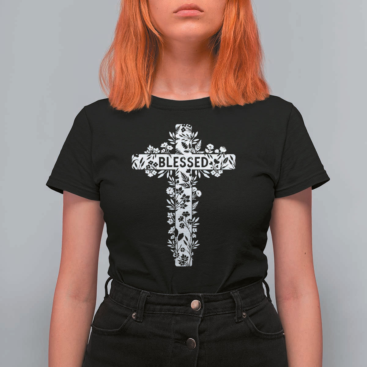 Blessed Floral Cross Christian Graphic T Shirt For Women Faith Inspired Minimalist Scripture