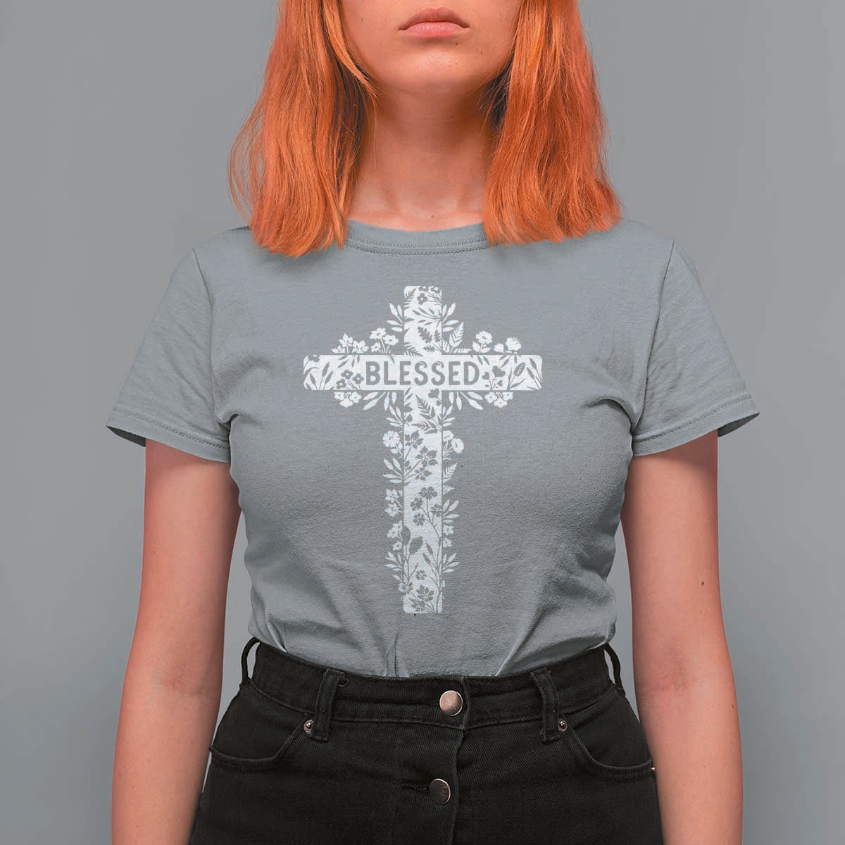 Blessed Floral Cross Christian Graphic T Shirt For Women Faith Inspired Minimalist Scripture