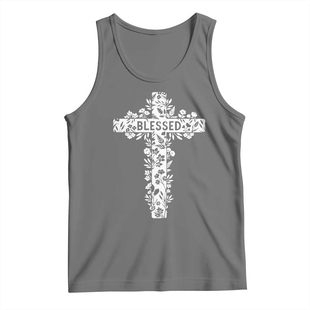 Blessed Floral Cross Christian Graphic Tank Top Faith Inspired Minimalist Scripture