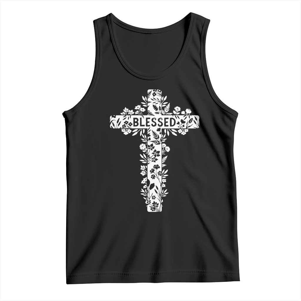 Blessed Floral Cross Christian Graphic Tank Top Faith Inspired Minimalist Scripture