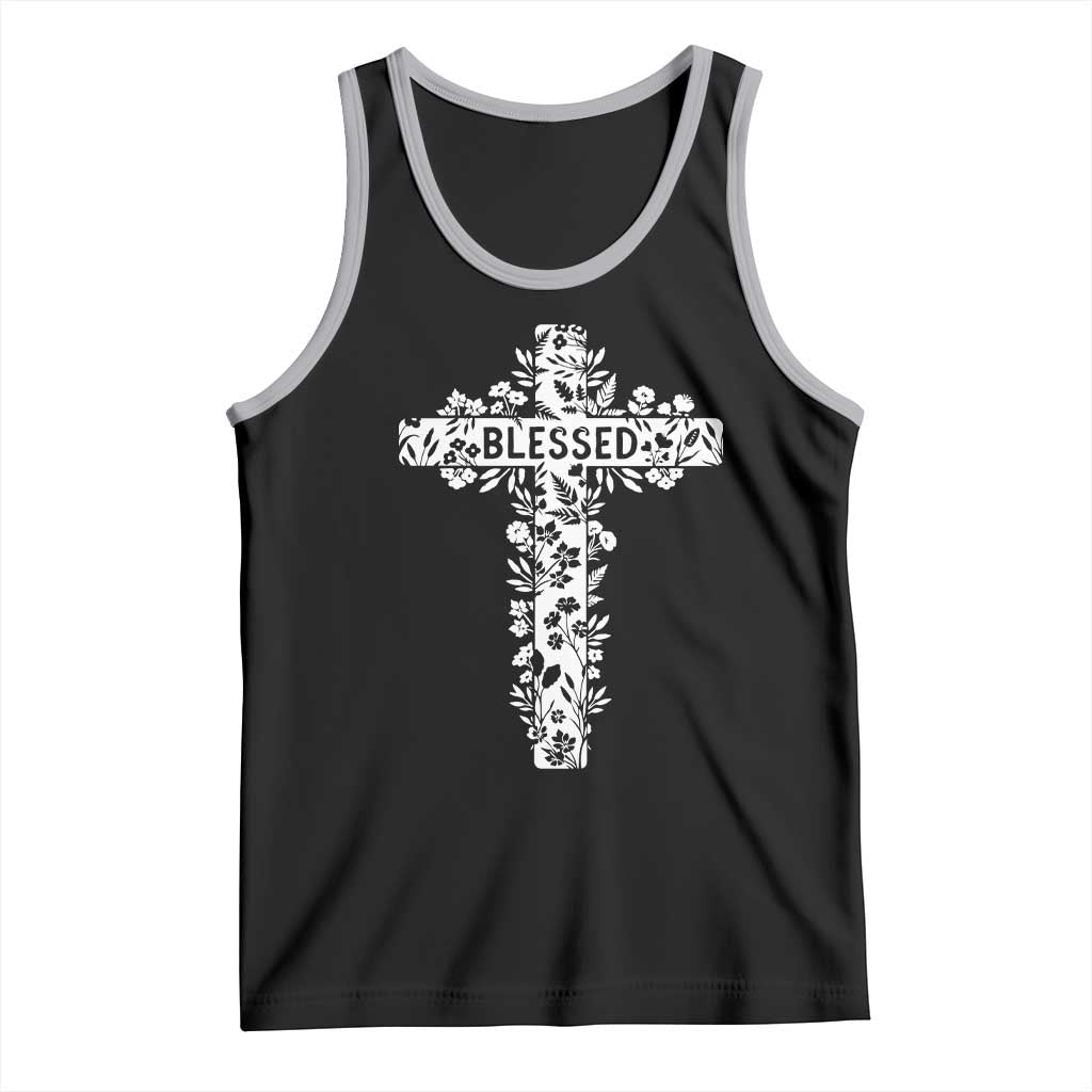 Blessed Floral Cross Christian Graphic Tank Top Faith Inspired Minimalist Scripture