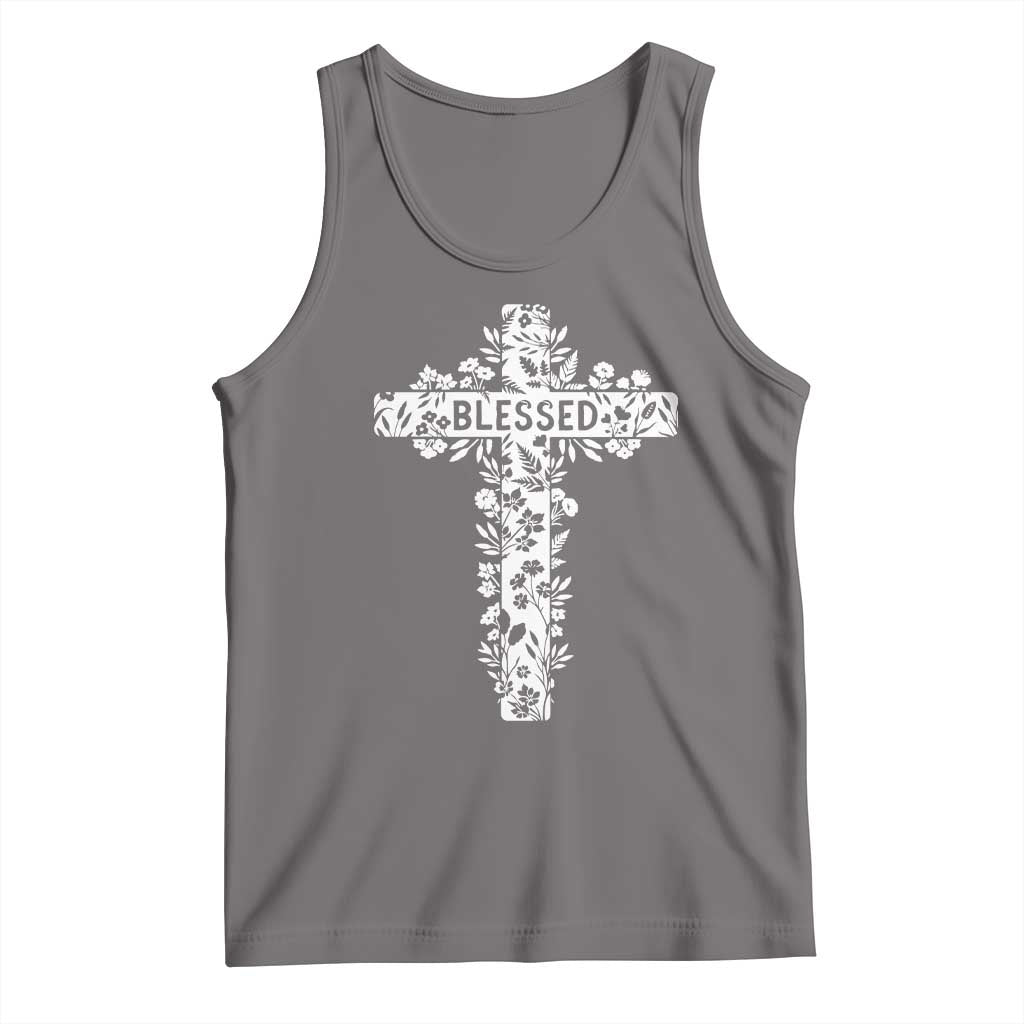 Blessed Floral Cross Christian Graphic Tank Top Faith Inspired Minimalist Scripture