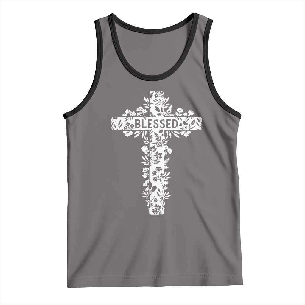 Blessed Floral Cross Christian Graphic Tank Top Faith Inspired Minimalist Scripture