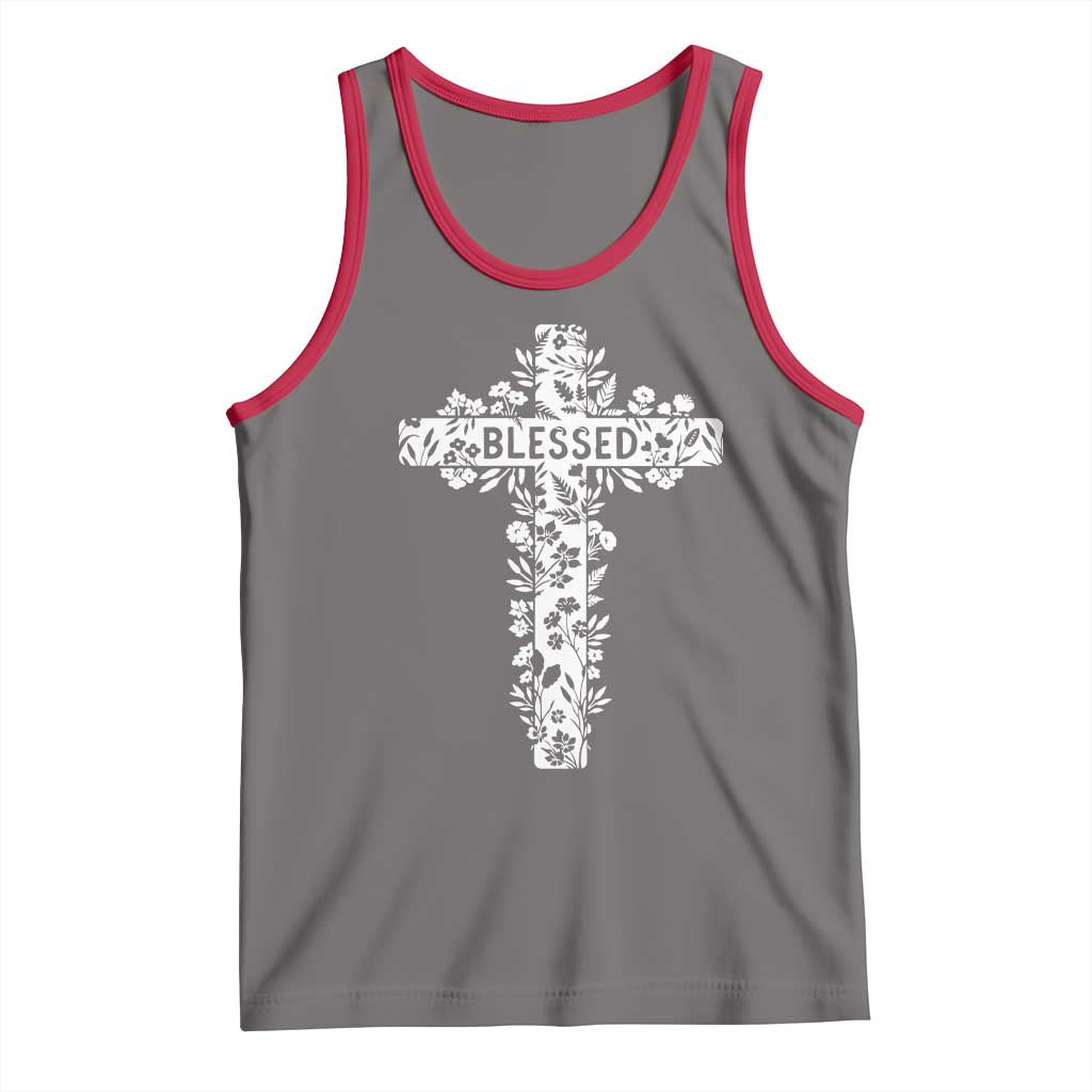 Blessed Floral Cross Christian Graphic Tank Top Faith Inspired Minimalist Scripture