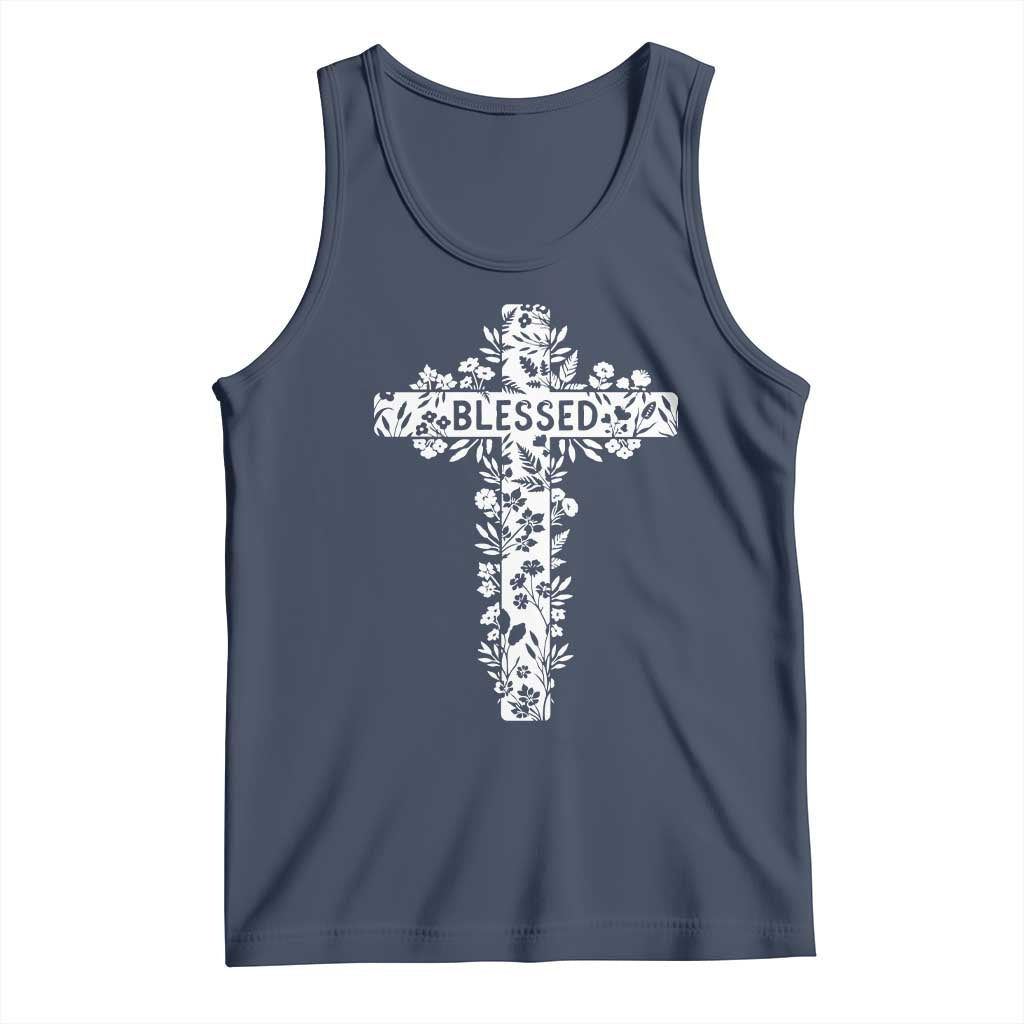 Blessed Floral Cross Christian Graphic Tank Top Faith Inspired Minimalist Scripture