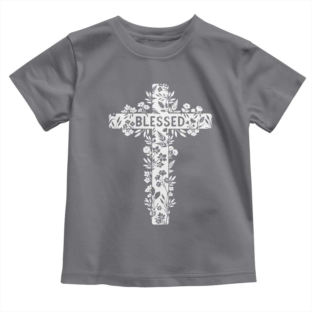 Blessed Floral Cross Christian Graphic Toddler T Shirt Faith Inspired Minimalist Scripture
