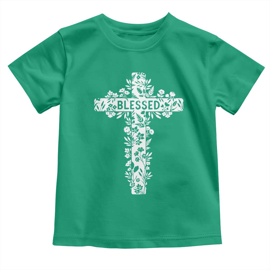 Blessed Floral Cross Christian Graphic Toddler T Shirt Faith Inspired Minimalist Scripture