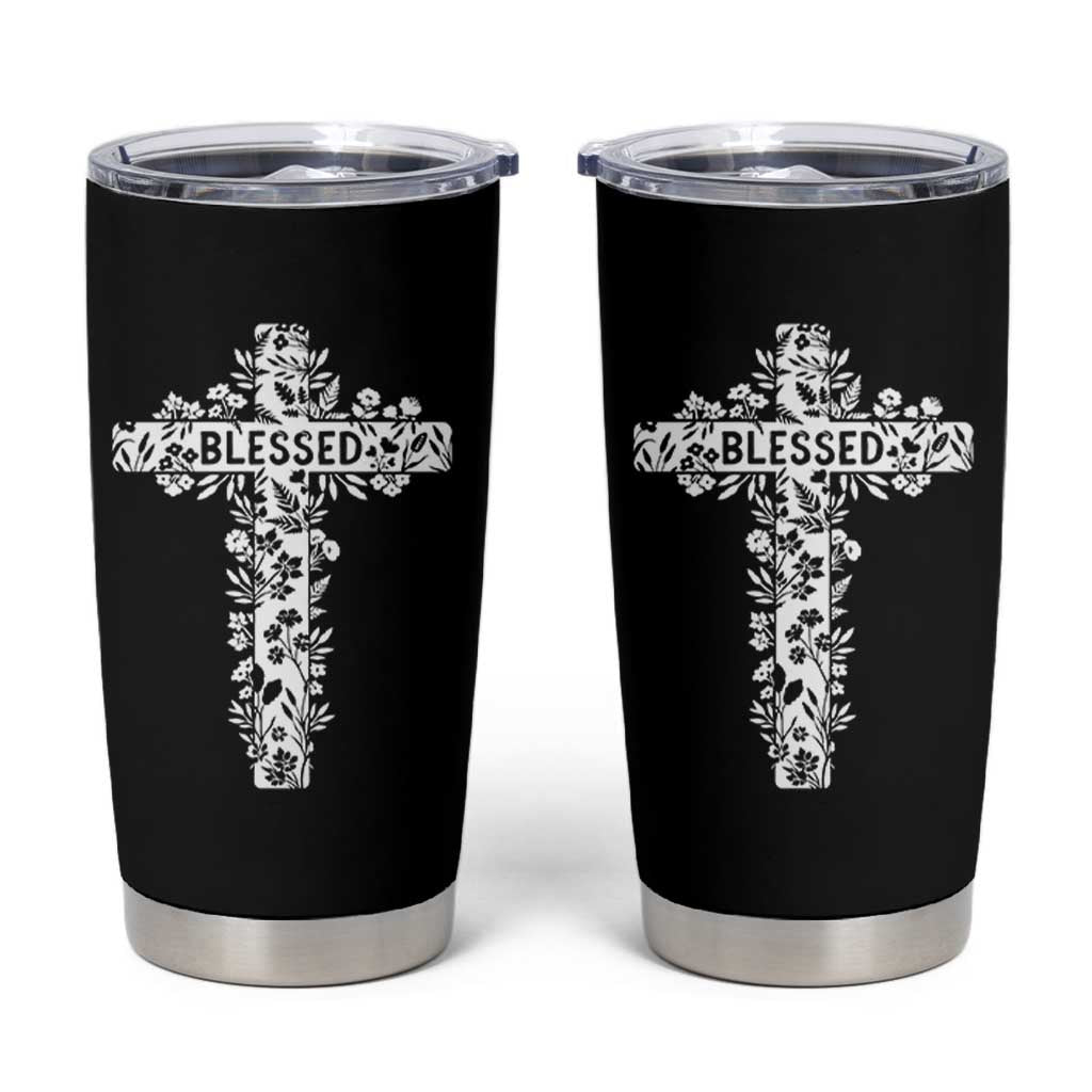 Blessed Floral Cross Christian Graphic Tumbler Cup Faith Inspired Minimalist Scripture