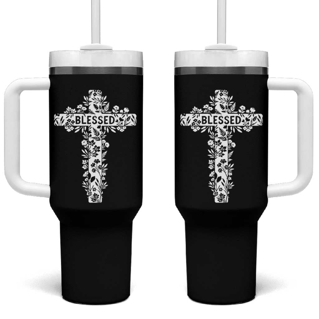 Blessed Floral Cross Christian Graphic Tumbler With Handle Faith Inspired Minimalist Scripture