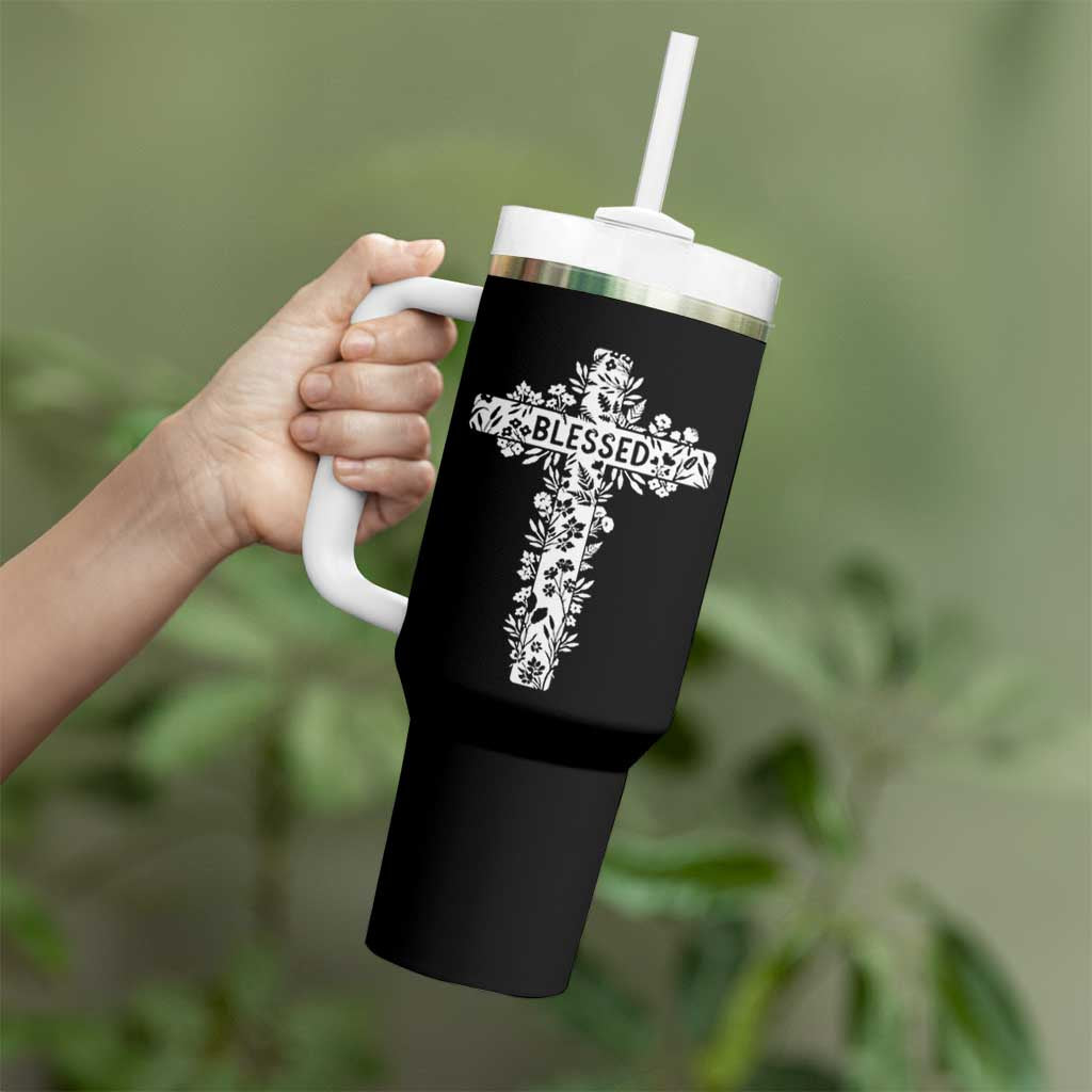 Blessed Floral Cross Christian Graphic Tumbler With Handle Faith Inspired Minimalist Scripture