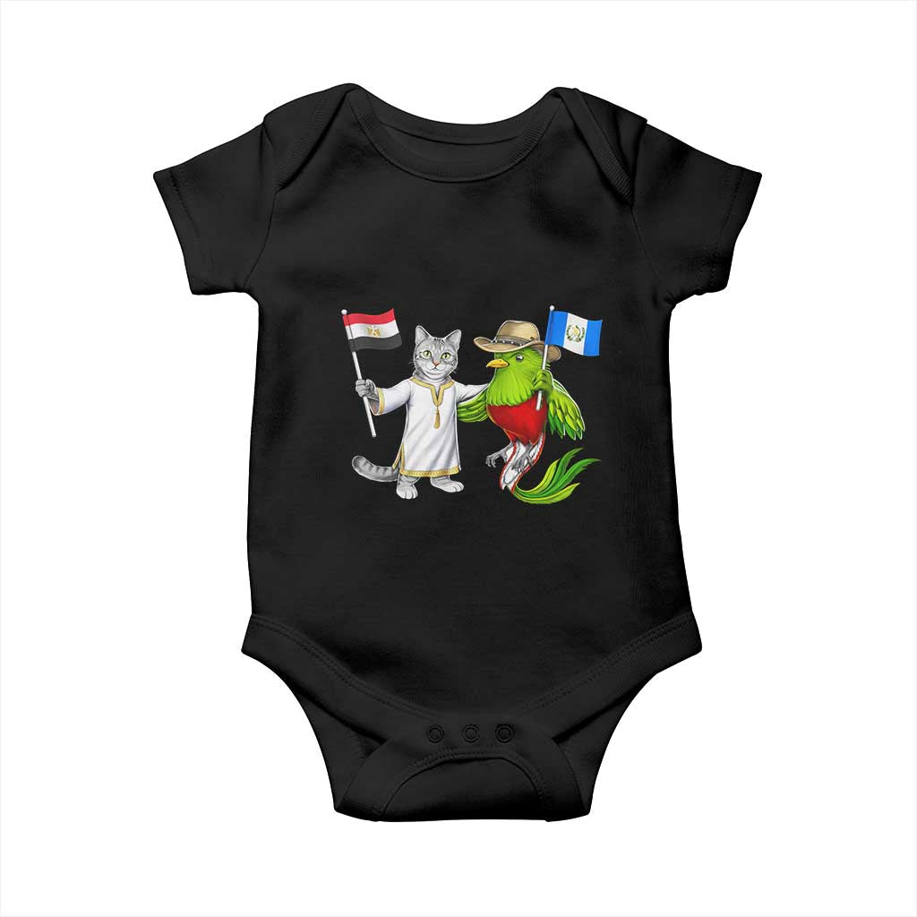 Egypt and Guatemala Friendship Heritage Pride Baby Onesie Cute Cat and Quetzal Holding Flag