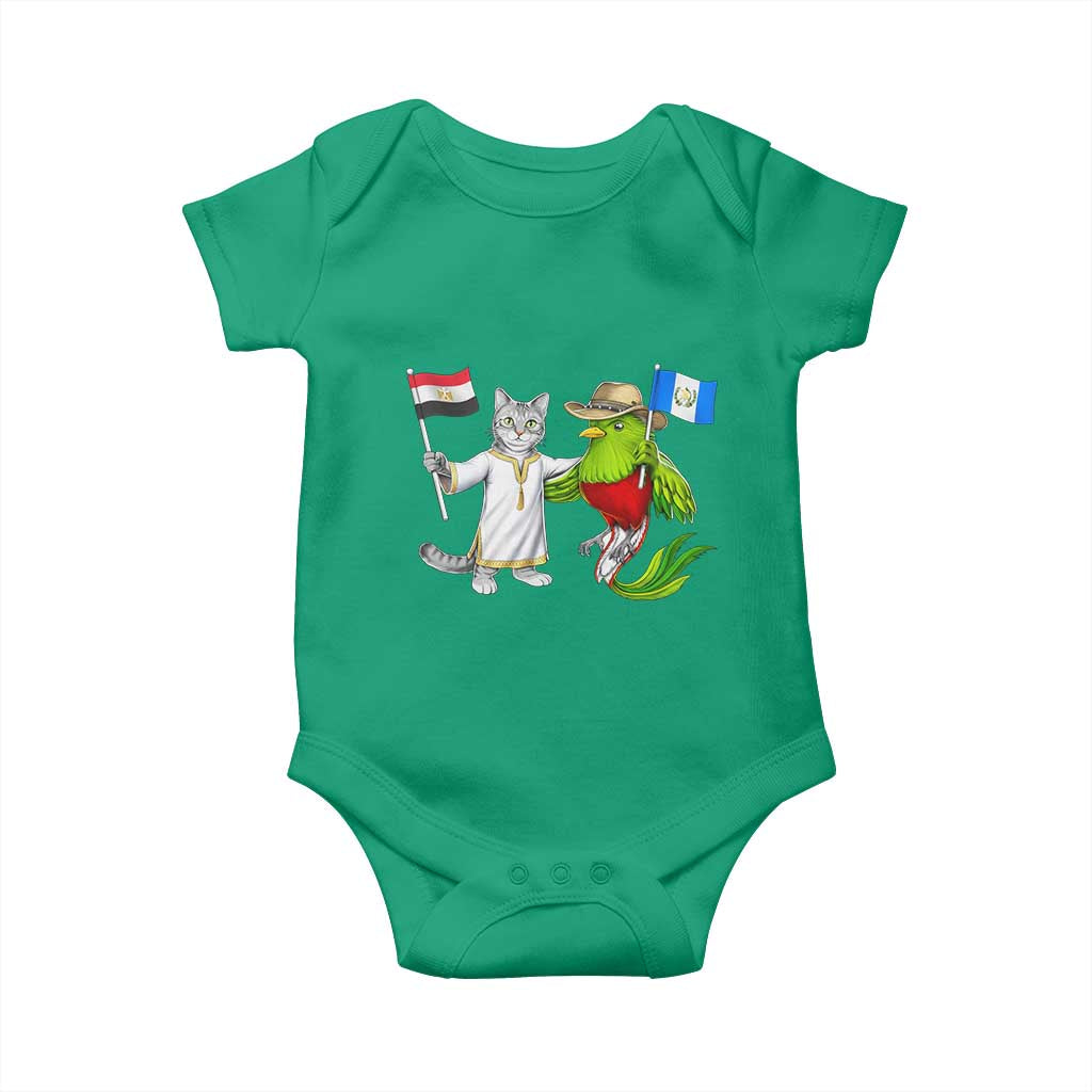 Egypt and Guatemala Friendship Heritage Pride Baby Onesie Cute Cat and Quetzal Holding Flag