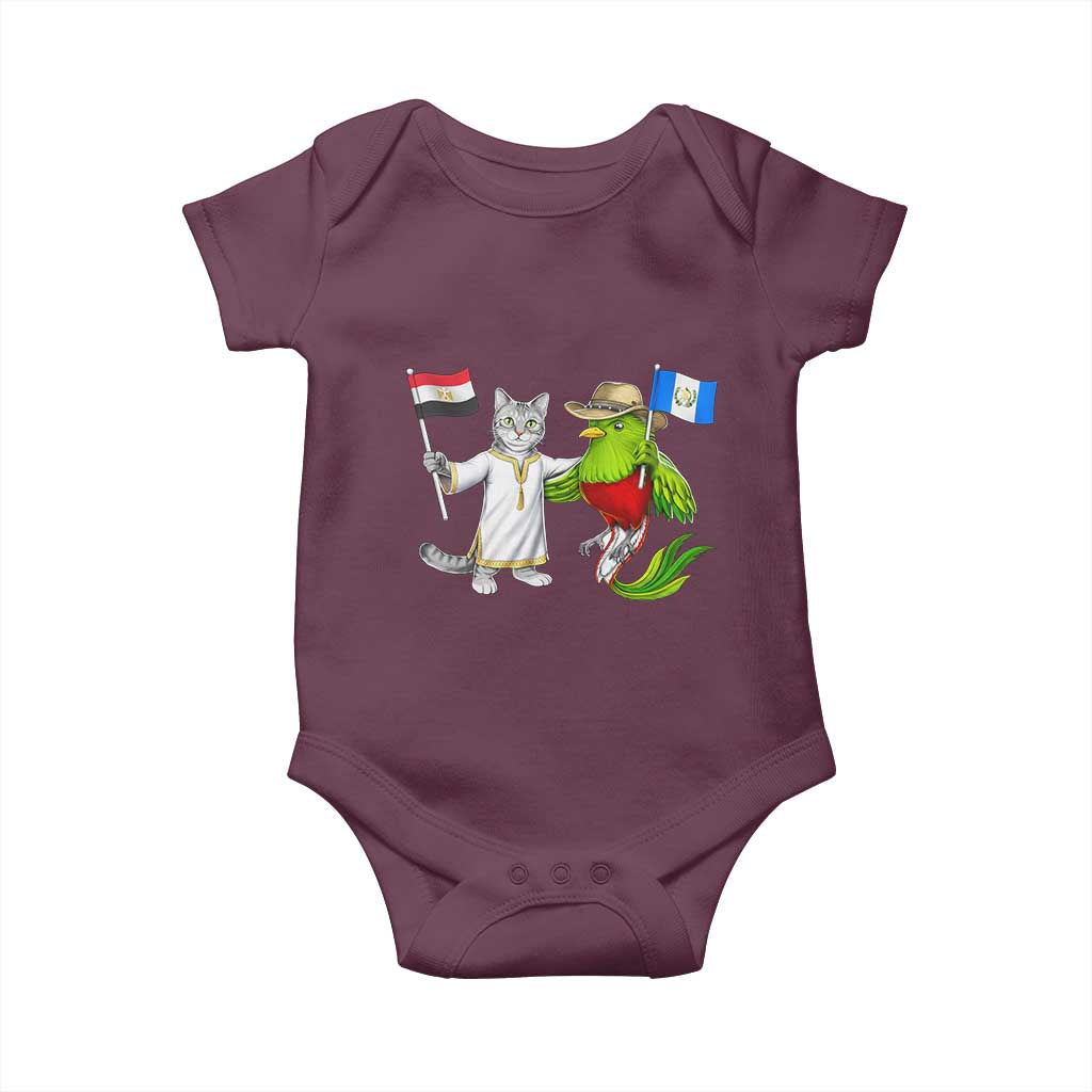 Egypt and Guatemala Friendship Heritage Pride Baby Onesie Cute Cat and Quetzal Holding Flag