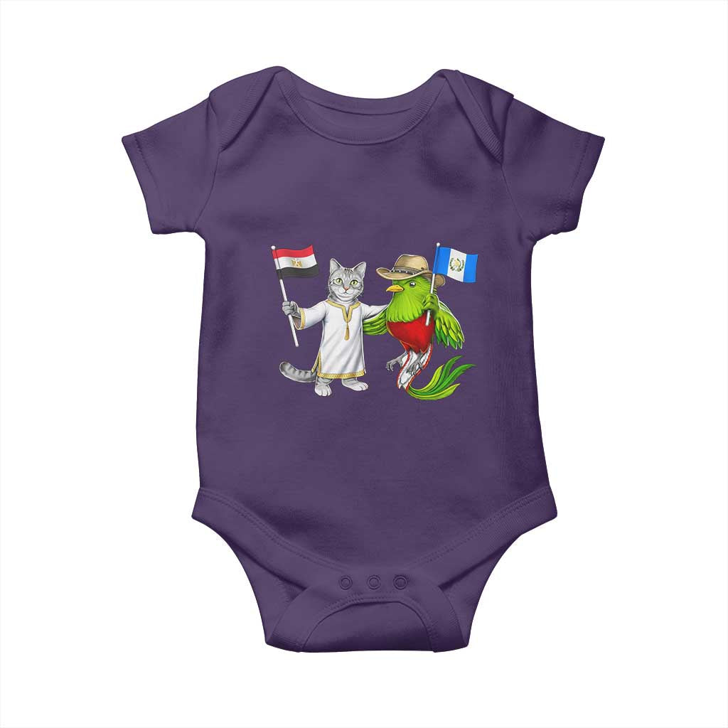 Egypt and Guatemala Friendship Heritage Pride Baby Onesie Cute Cat and Quetzal Holding Flag